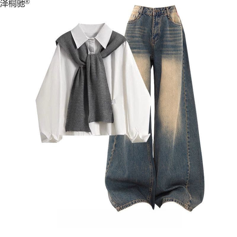 Spring Outfit Set 2025 New Korean Style Shirt Top with Shawl and Slimming Jeans Three-Piece Set