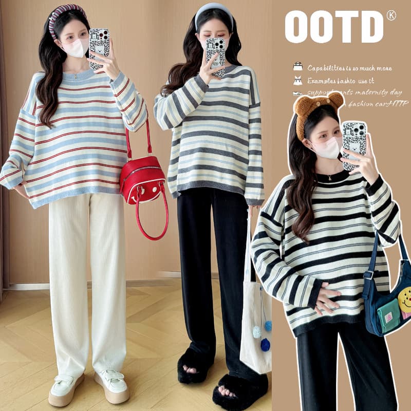 Maternity Wear Round Neck Striped Sweater Autumn/Winter New Lazy Style Casual Loose Slim Versatile Pullover Top