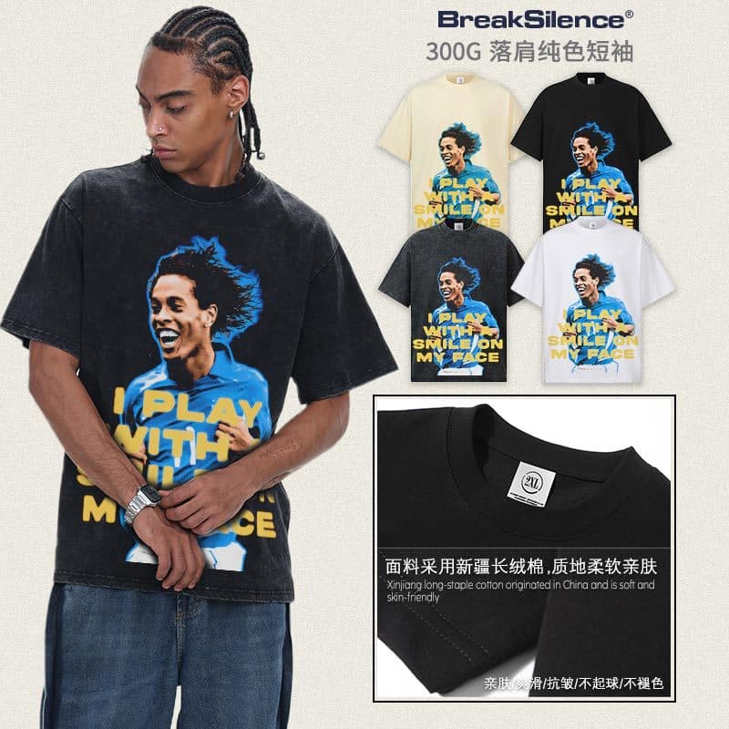 2026 Summer Ronaldinho European and American High Street Combed Cotton Heavyweight Knit Round Neck Loose Short-Sleeve Men's T-Shirt