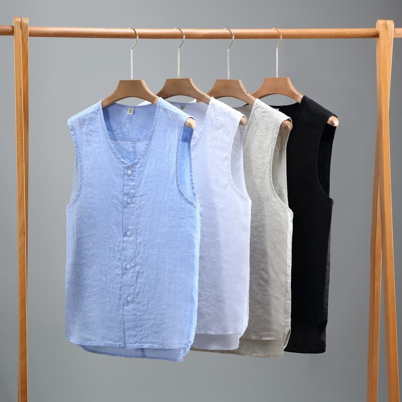 921 Summer Solid Color Linen Vest Men's Youth Sleeveless Retro Washed Linen Breathable Thin Buttons