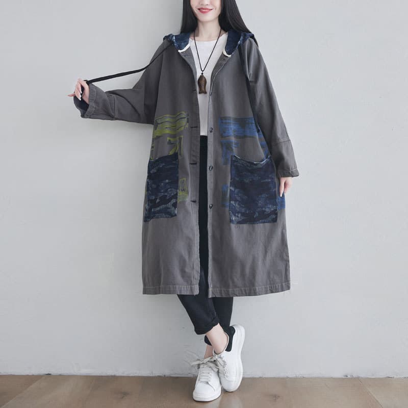 2025 Spring New Arrival Plus Size Distressed Washed Hooded Trench Coat with Bat Sleeves and Single-Breasted Button Front Cardigan