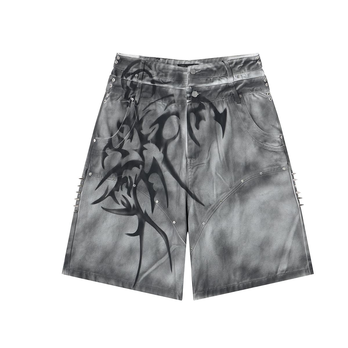 Jiayi Ku Men's 26 European and American High Street Trendy Denim Shorts Loose Baggy Washed Graffiti Dirty Five-Point Shorts