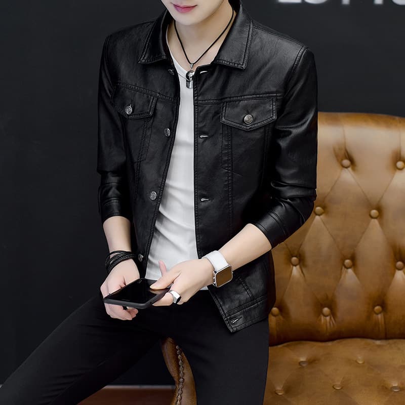 Men's PU Leather Jacket, High-End Spring/Autumn Fashion, Slim Fit Korean Style, Youthful and Handsome Turn-Down Collar