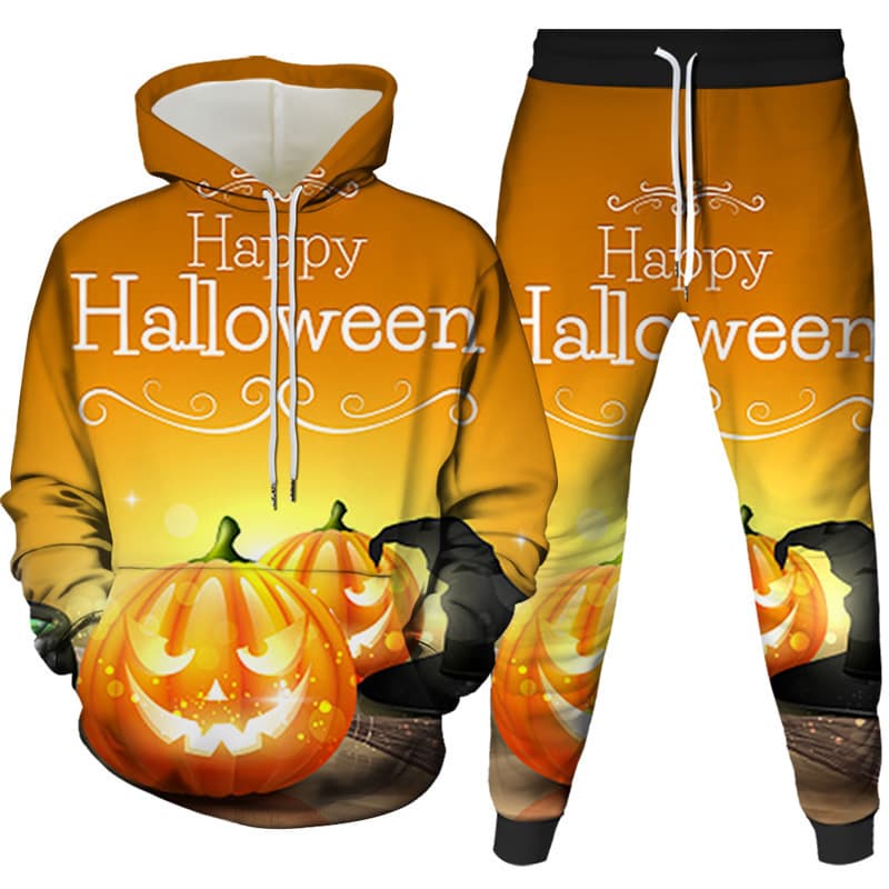 2024 Cross-Border New 3D Creative Halloween Digital Print Men's and Women's Hooded Casual Sweatshirt Set