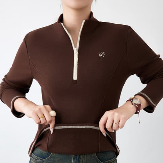 Stand Collar Zipper Top Autumn Winter Plush Thickened Color Block Design Embroidery Base Layer Warm Outerwear Top 2556