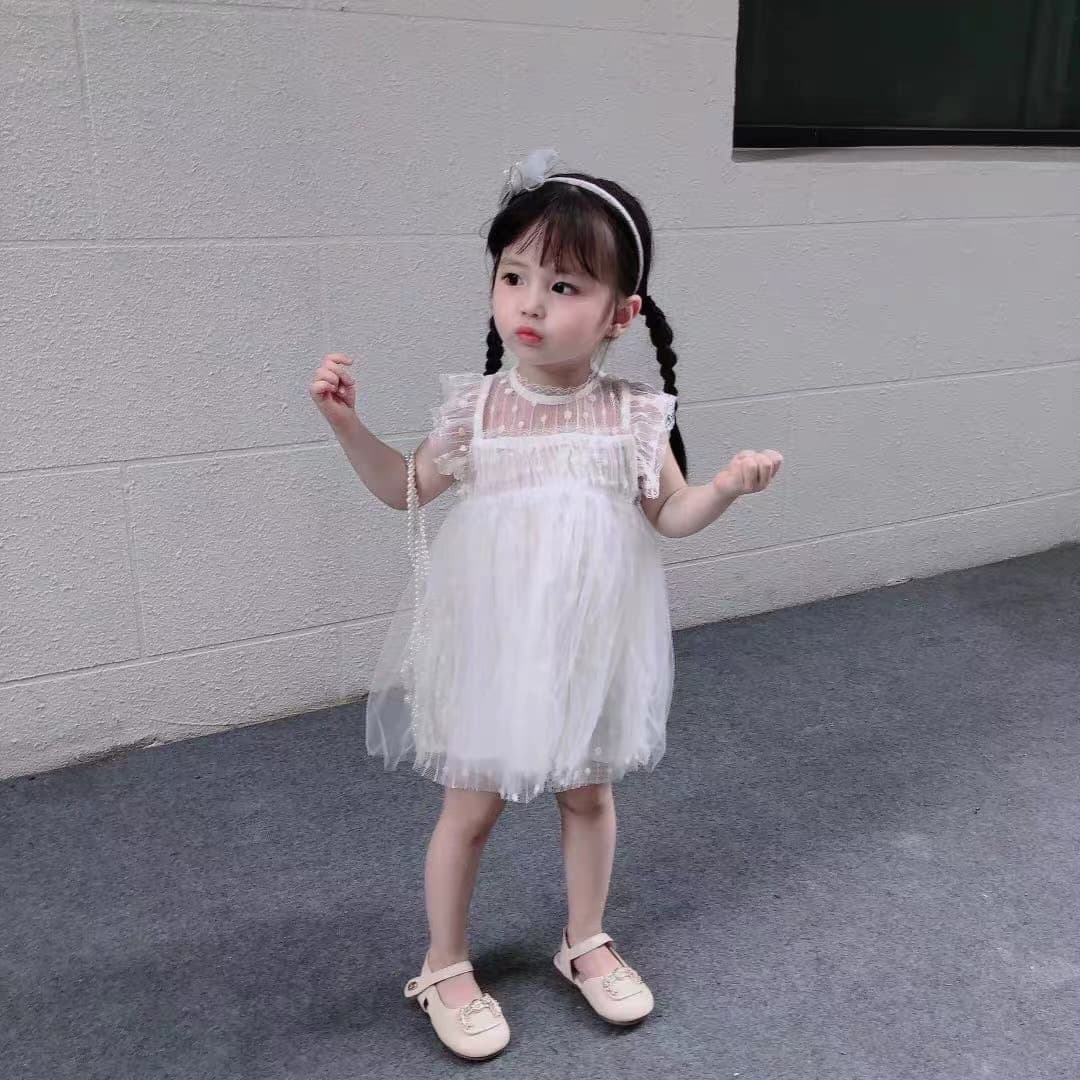 Girls Summer Lace Dress Baby Mesh Fairy White Princess Skirt Children's Trendy Brand Korean Style Polyester Fiber Soft Treatment