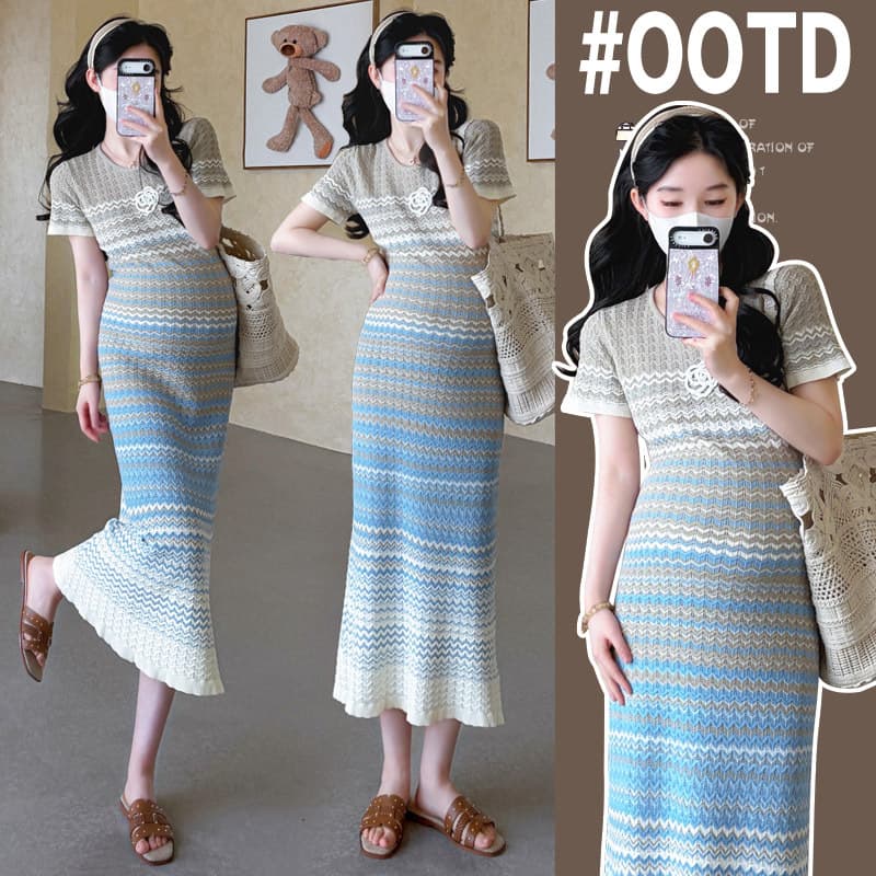Elegant Summer Maternity Dress 2026 Trendy Slimming Knitted Striped Fishtail Maternity Dress
