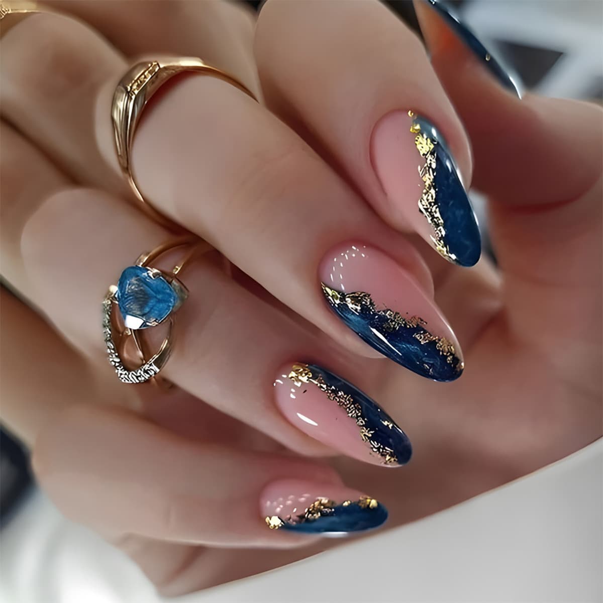 Pink and Blue Contrast Drop-Shaped Nail Art with Gold Foil, Sweet and Cool Gradient, Klein Blue Flowing Gold Gemstone Sparkle False Nails