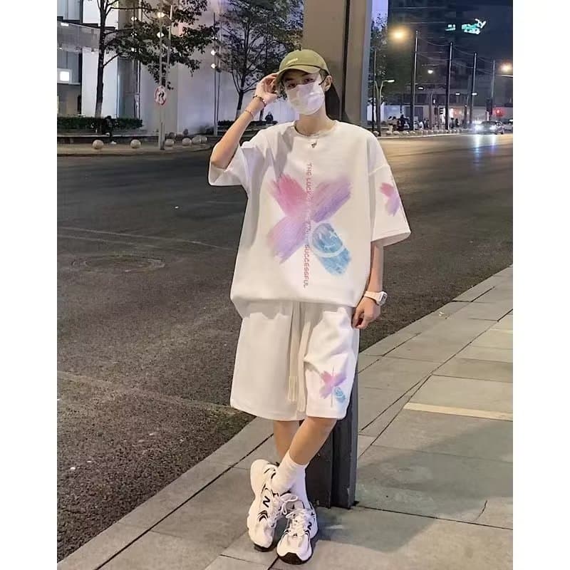 Summer Waffle Suit Men's Short-Sleeved T-Shirt Casual Shorts Teenagers Wear Sports Matching Loose