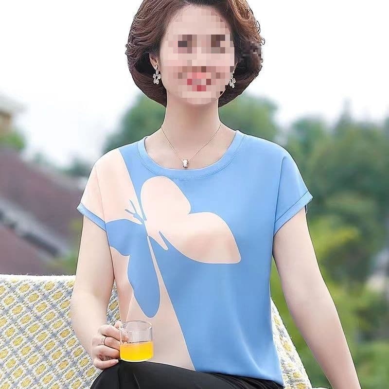 Middle-aged mother summer women's new style temperament summer short-sleeved women's tops T-shirt loose large size chiffon knitted shirt