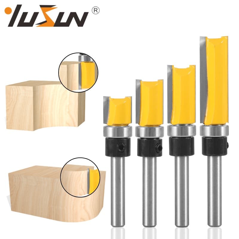 Yusheng 1/4 Shank Bearing Straight Router Bit Woodworking Milling Cutter Template Trim Bit Double Flute Straight Bit Trimmer Edge Wood Milling
