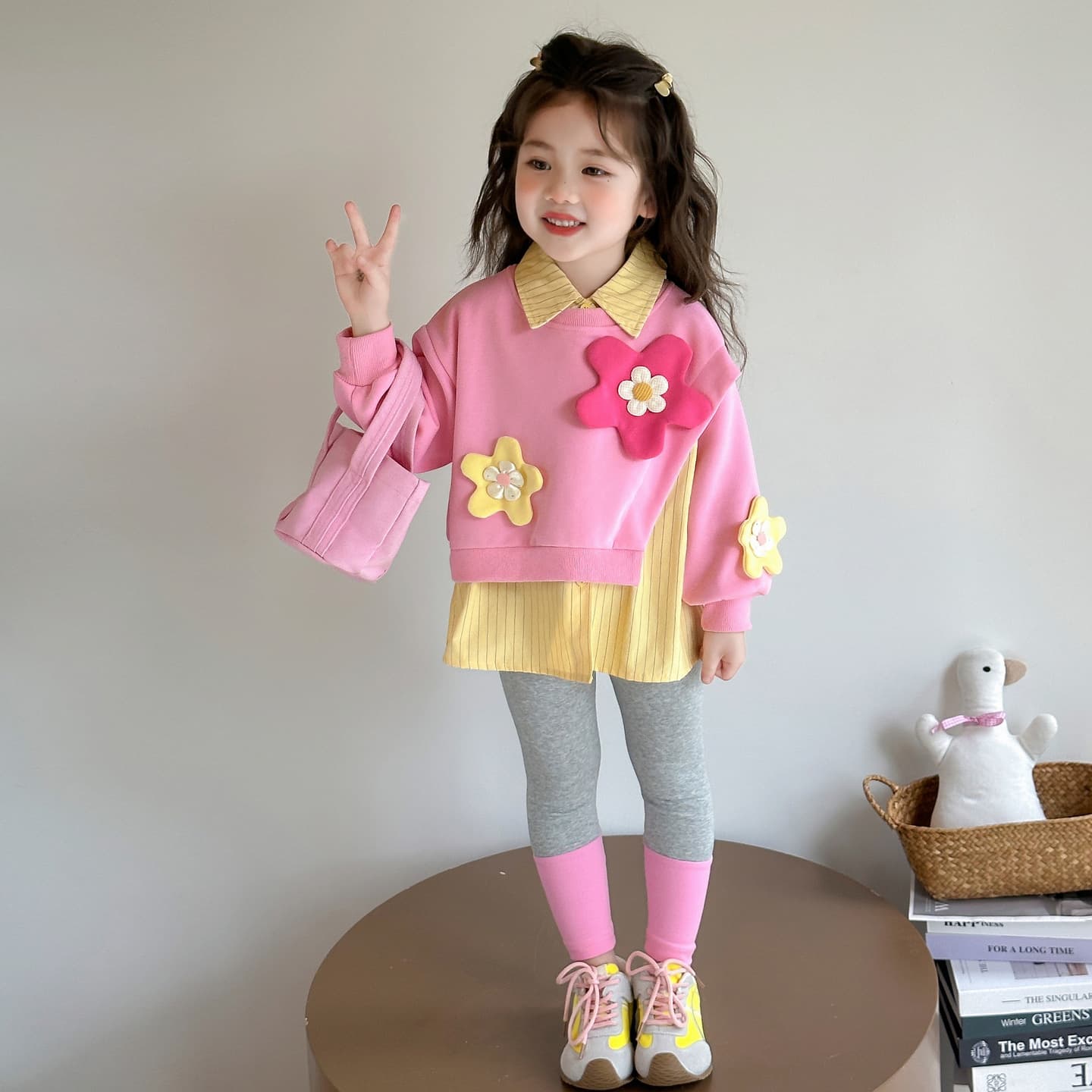 Girls Floral Leggings 2-Piece Set 2026 Spring New Korean Style Popular Campus Outfit Stylish Kids Clothing Dropshipping