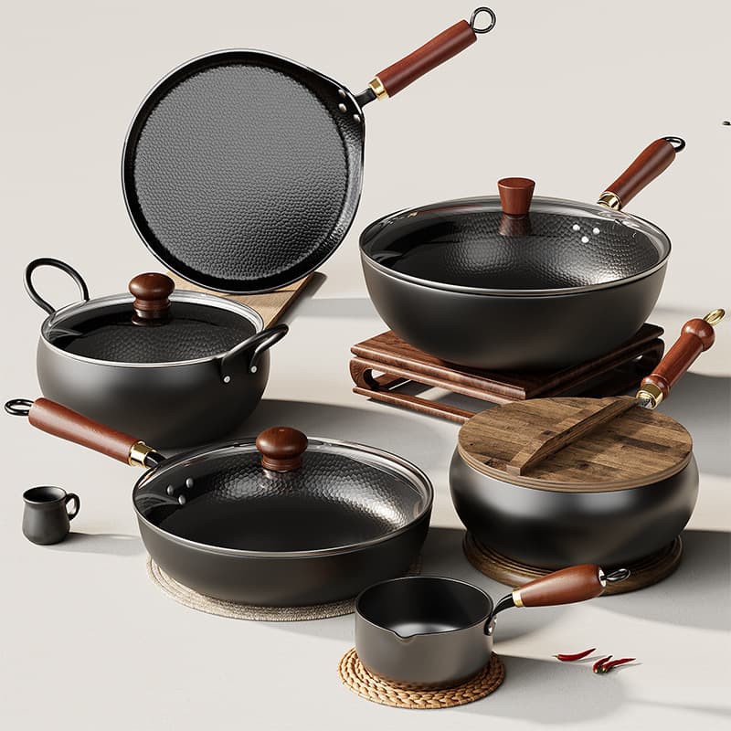 Coated Kitchenware Gift Set Traditional Cookware Set Non-Stick Full Set Iron Pan Kitchen Essential Healthy Ancient Pure with Lid