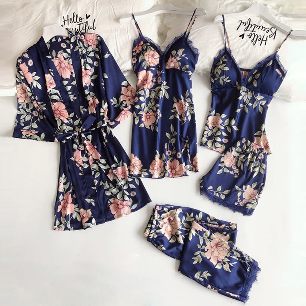 Wholesale Pajama Manufacturer Printed Women's Camisole Sleepwear Loose Comfortable Lace 5-Piece Set Homewear Innerwear Sleep Robe Bathrobe