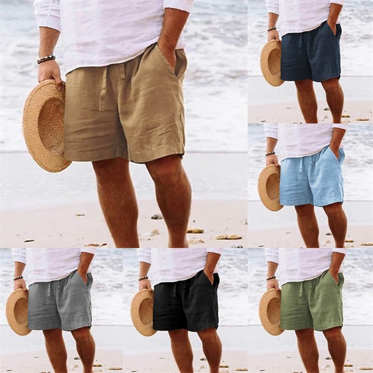 Men's shorts cotton and linen summer drawstring elastic waist straight leg solid color comfortable breathable short daily beach