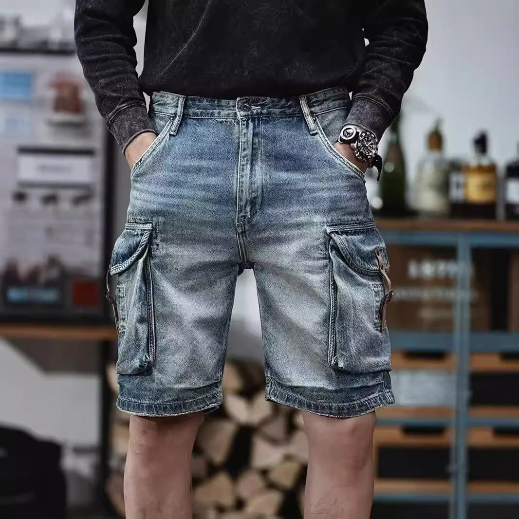 Blue denim shorts men's American high street vibe straight knee-length pants with design trendy brand overalls and jodhpurs