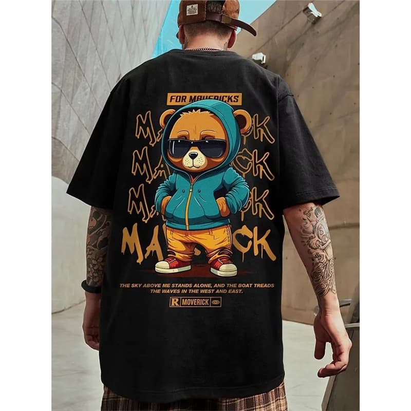 European Size Cotton T-Shirt Casual Round Neck Men's Fashion Cotton Bear T-Shirt European Size Cotton Breathable Loose Print Comfortable Oversized