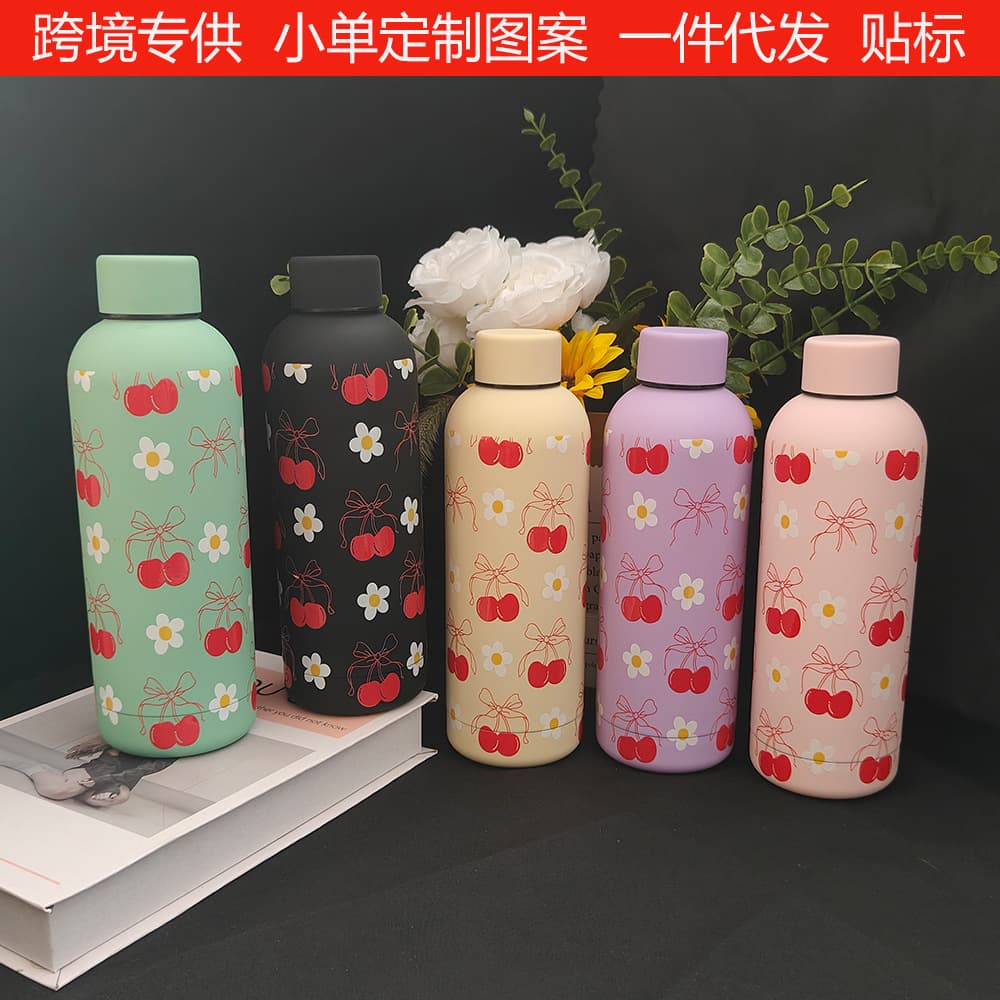 High-looking cherry pattern thermos cup, portable small mouth bottle, new cartoon water cup for girls, 316 stainless steel thermos