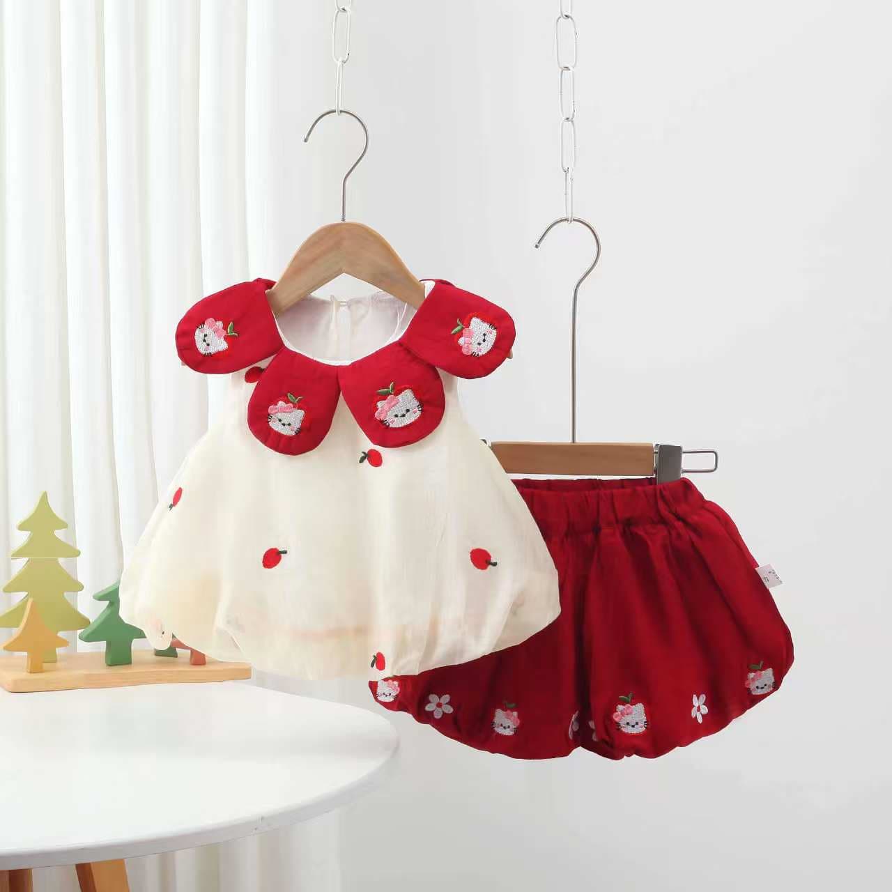 Girls' Summer Apple Embroidered Sweet and Cute Set Baby Bubble Shorts Vest Top Two-Piece Set