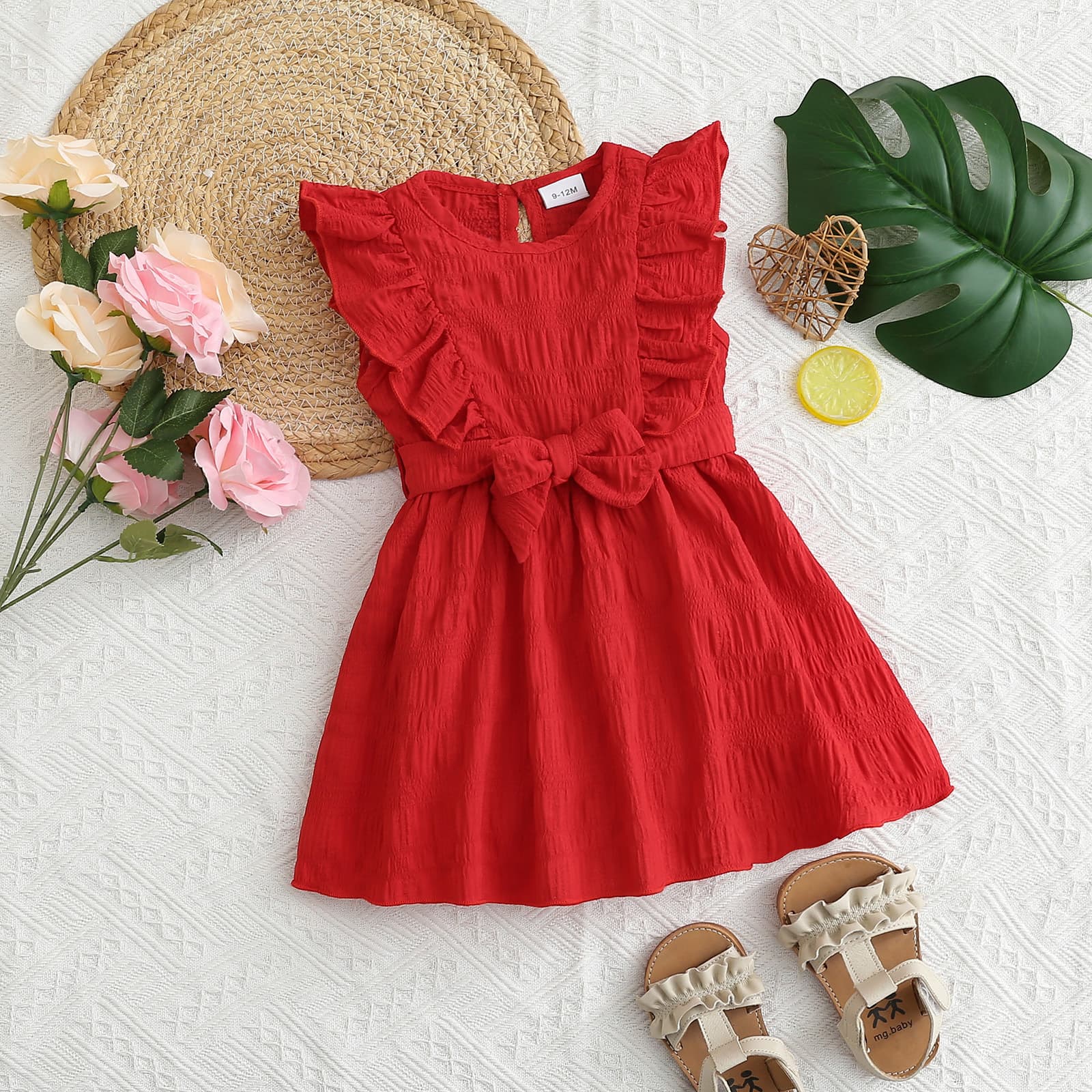 New Summer Girls Red A-Line Dress with Butterfly Sleeves and Bow Princess Dress Drop Shipping Wholesale Price