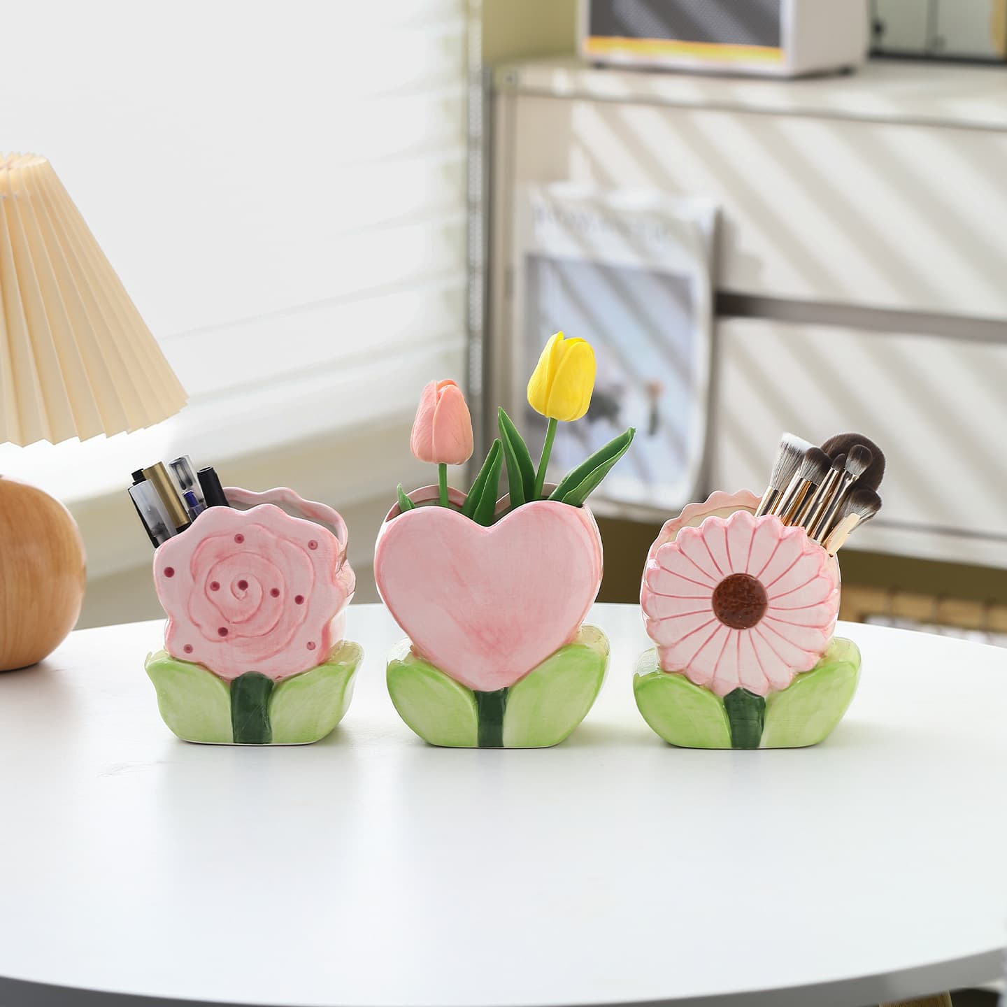 Flower Pen Holder Ceramic Desktop Cute Makeup Brush Storage Box Office Stationery Organizer Holiday Gift