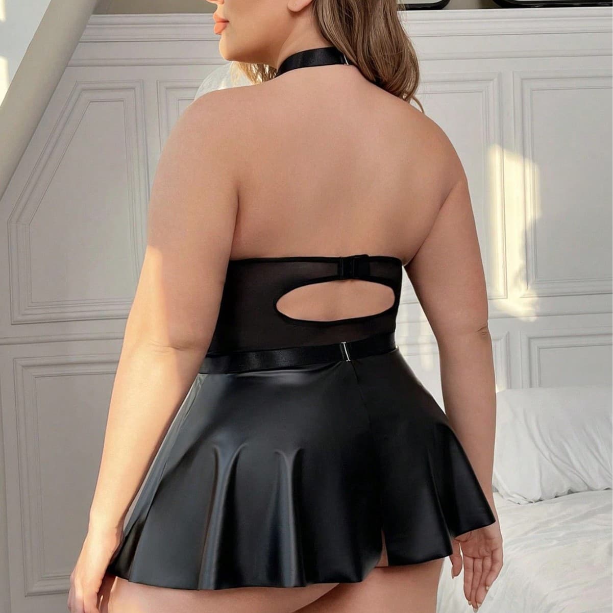 Sexy Patent Leather Suspender Dress with Chain Detail for Nightclub, Lingerie Set for Women