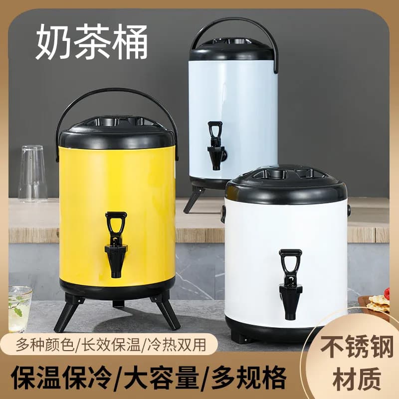 Commercial milk tea bucket with faucet, large capacity, for use in soy milk, coffee, beverages, and tea shops.