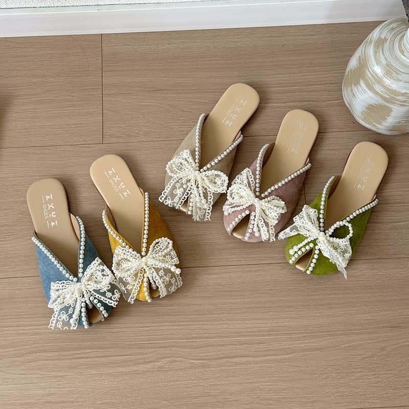 Baotou Half Slippers Women 2026 Spring Summer New Pearl Bow Fashion Soft Sole Open Toe Flat Sandals