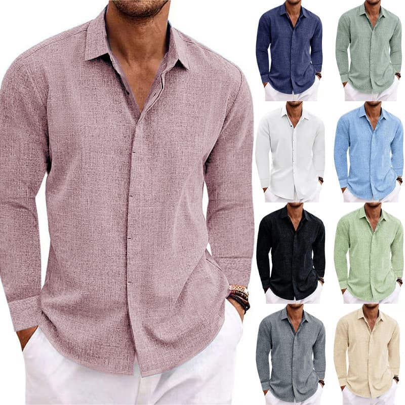 Men's Linen Long-Sleeve T-Shirt Loose Casual Solid Color Cotton-Linen Shirt Big Size Men's Shirt
