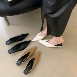 Pointed Toe Mule Slippers for Women 2024 Spring New V-Neck Kitten Heel Sandals Mid Heel Mules