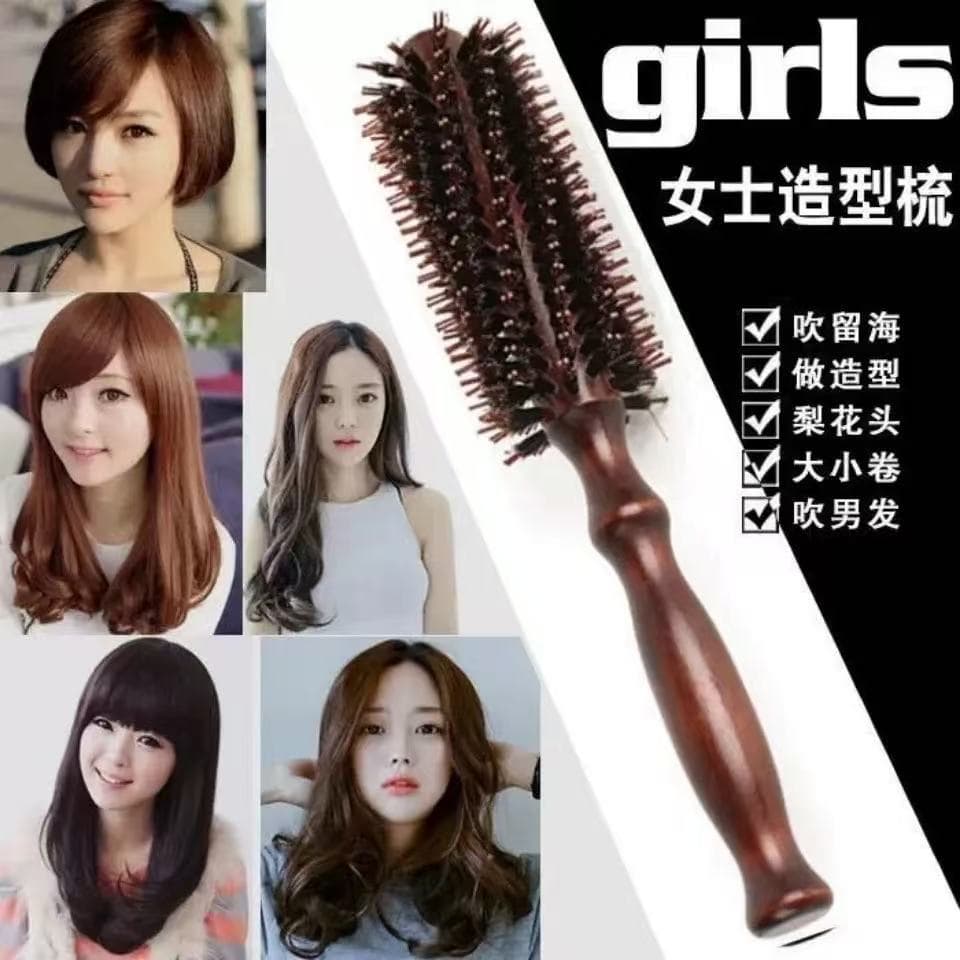 Salon Wooden Comb, Round Barrel Curling Comb for Hair Styling with Boar Bristles, Cylindrical Hairbrush for Men and Women, Roller Comb