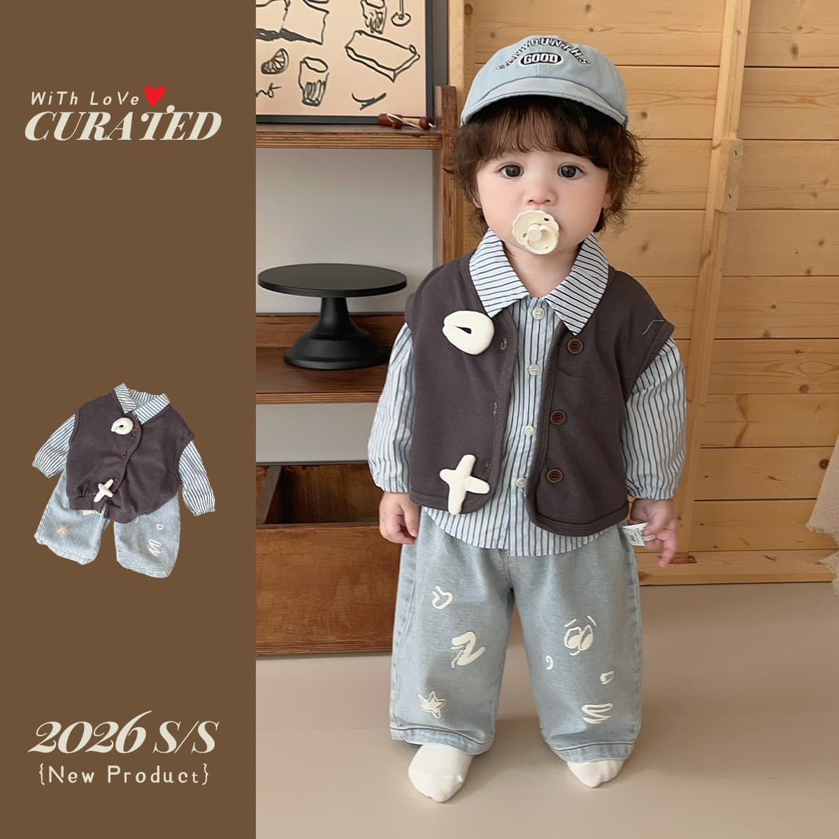 Baby boy spring and autumn suit vest shirt jeans three-piece set Korean style baby spring clothes boys out fashion