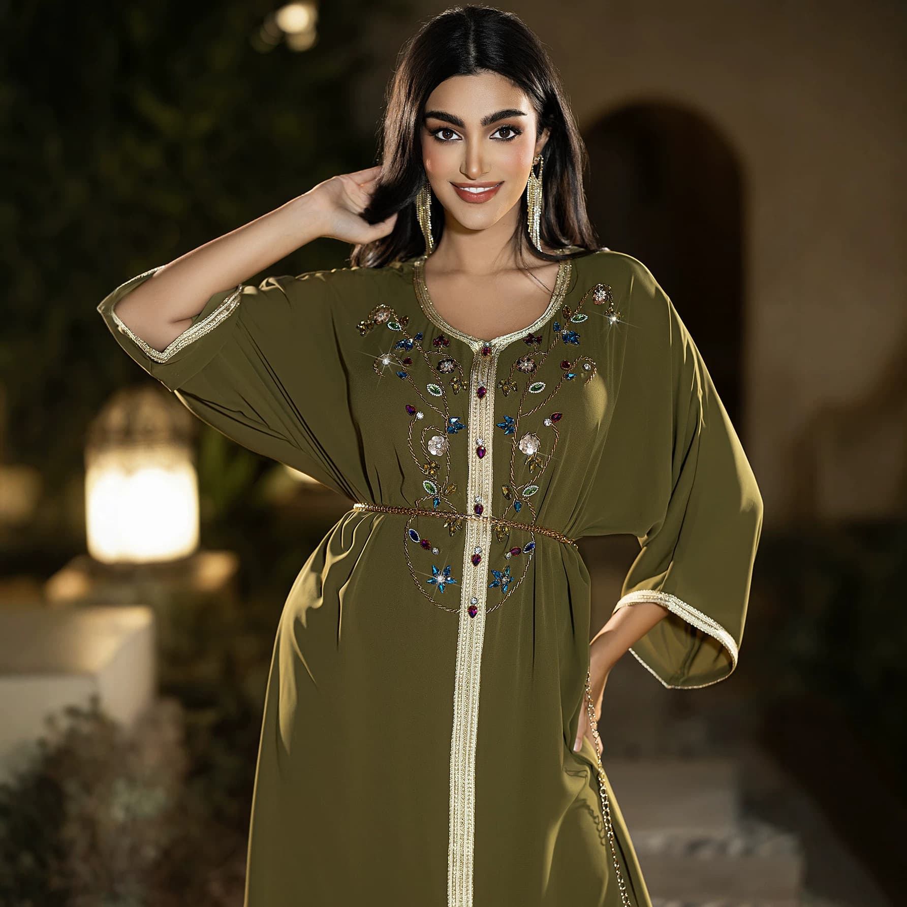 BA3004 Army Green Short-Sleeve Dress with Hand-Sewn Rhinestones, Batwing Sleeves, Front Slit Long Dress