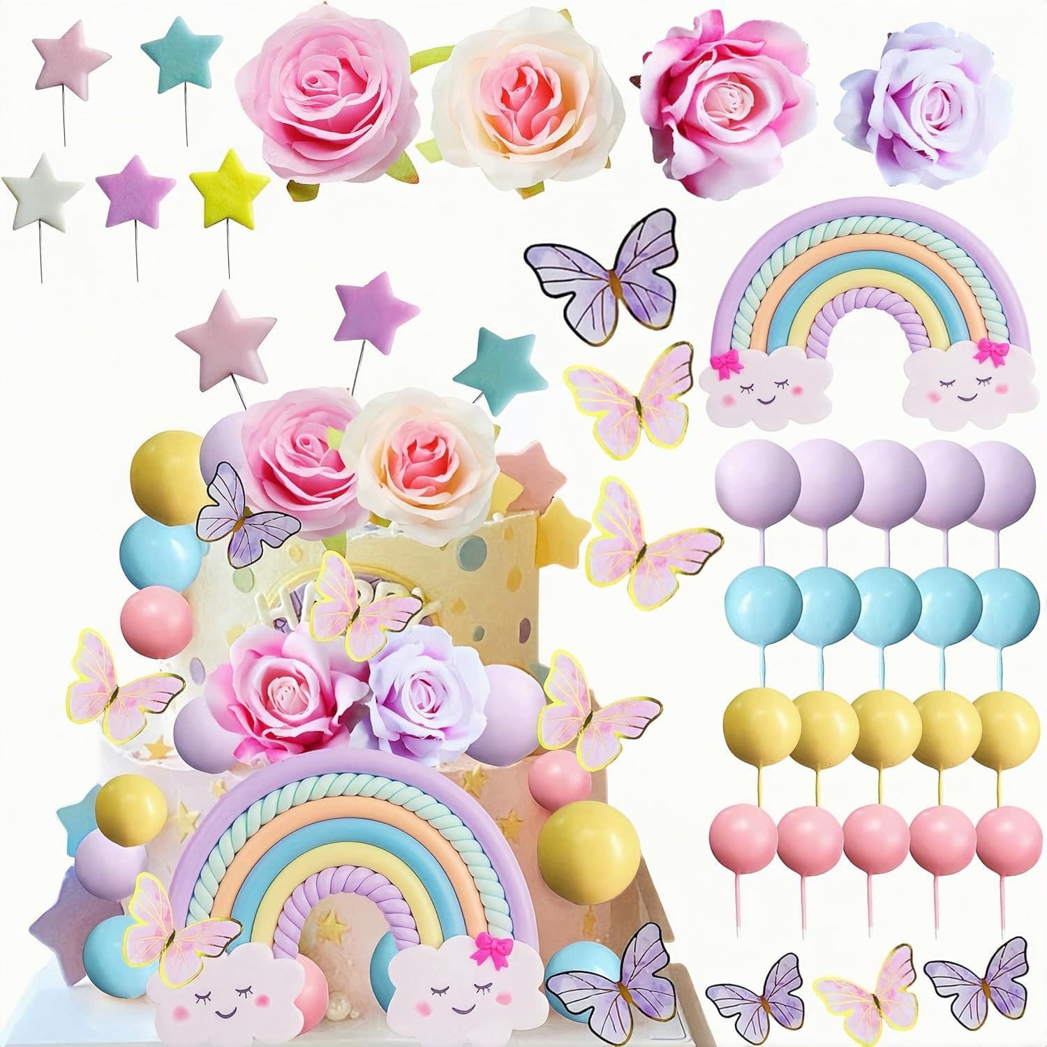 52-Piece Rainbow Flower Cake Decorations 3D Rainbow Cake Toppers Star Flower Butterfly Suitable for Girls Birthday