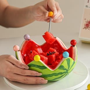 Creative Watermelon-Shaped Ceramic Fruit Plate with Fruit Forks Set, Home Living Room Coffee Table Fruit Picks Dessert Fork Storage Bowl