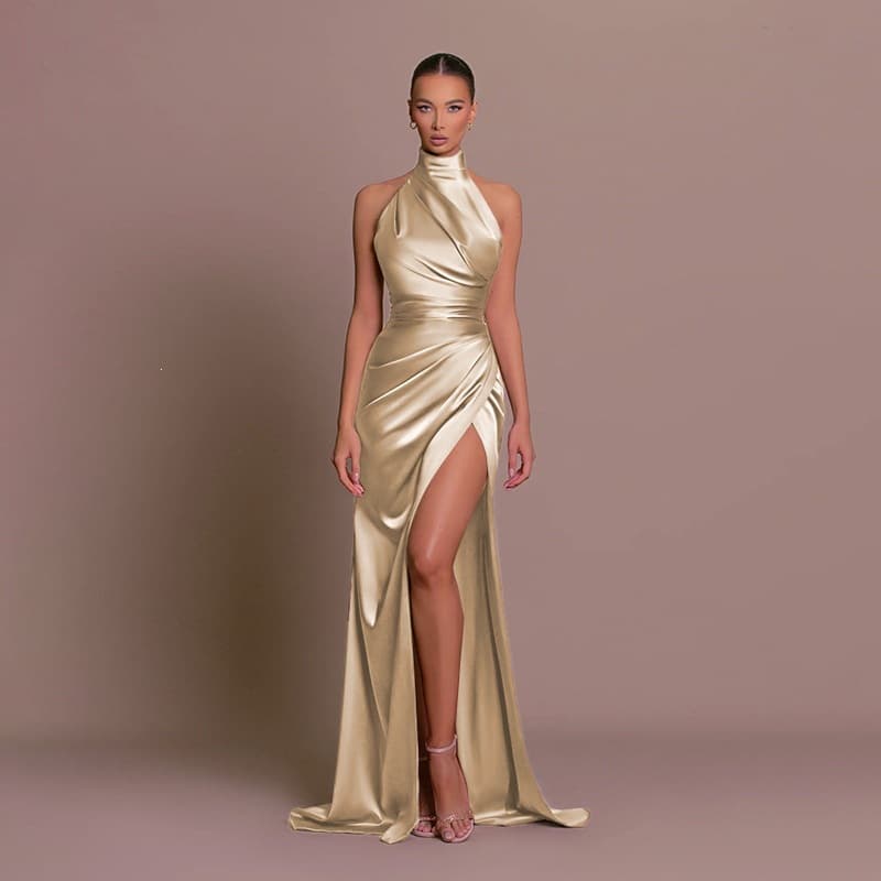 2026 Amazon Hot Selling Evening Dress Women Summer Dress Elegant Split Halter Sleeveless Party Shirred Maxi Dress