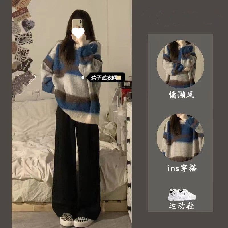 Autumn/Winter Women's Wear Full Set Color-Blocking Mohair Pullover Sweater Outerwear Loose Lazy Style High-End Wide-Leg Pants