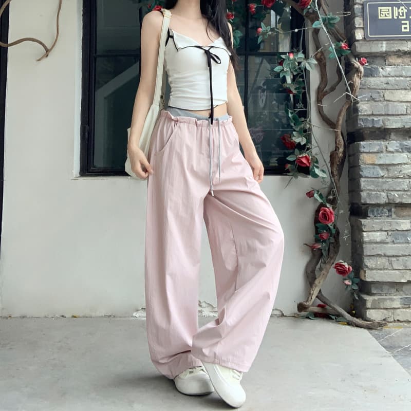 Korean-style Dopamine Energy Wide-leg Pants for Women Summer High-waist Contrast Color Patchwork Quick-dry Pants with Drape Loose Carrot Pants