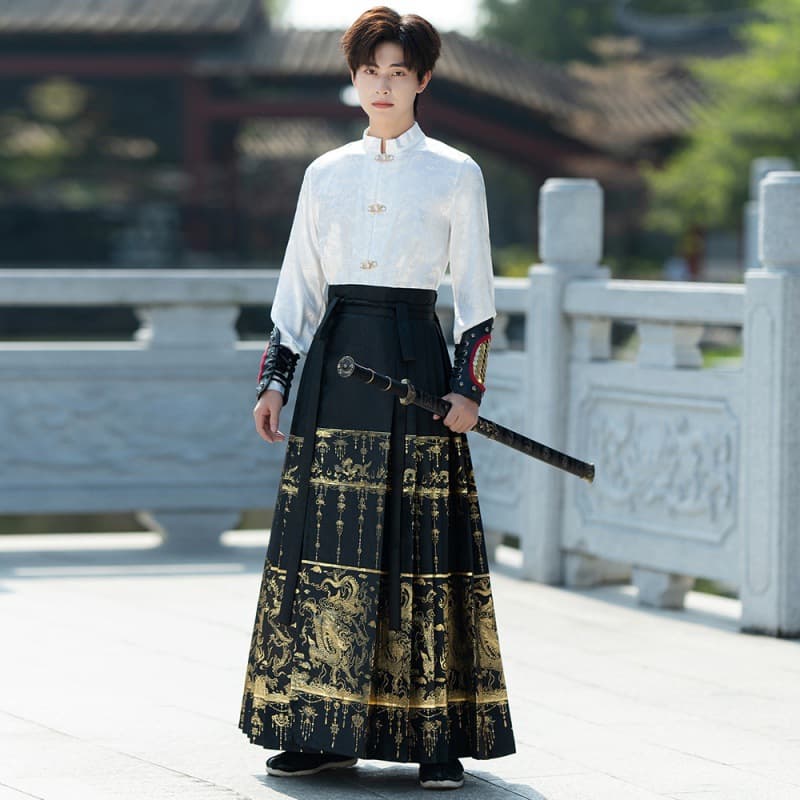 Chinese style Ming Dynasty woven gold dragon and horse face skirt, new Chinese Hanfu style, unisex, ancient style, plus size men's suit, spring.