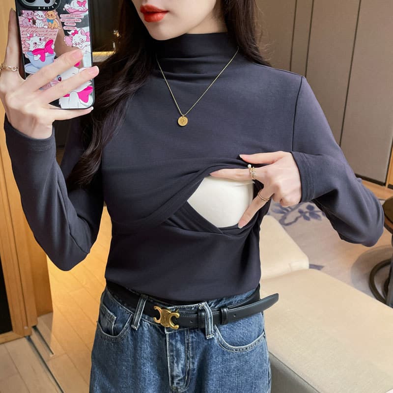 Real Shot In Stock Autumn/Winter Thickened Fleece-Lined Warm Nursing T-Shirt Postpartum Semi-High Neck Versatile Slimming Breastfeeding Base Shirt