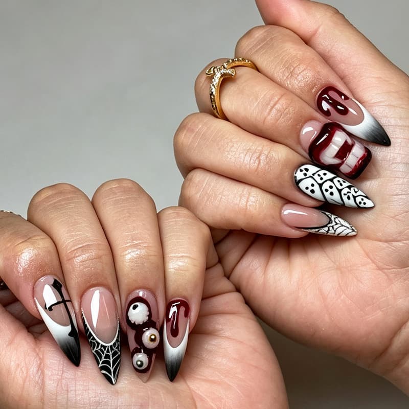 Halloween Press-On Nails European American Cross-Border French Skull 3D Embossed Nail Art Foreign Trade Wholesale Handmade Nail Tips