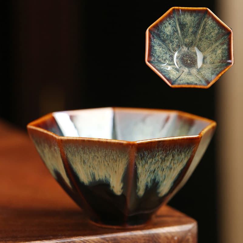 Personal Ceramic Tea Cup High-Quality Jian Zhan Cup Single Tea Tasting Cup Office Hospitality Octagonal Cup