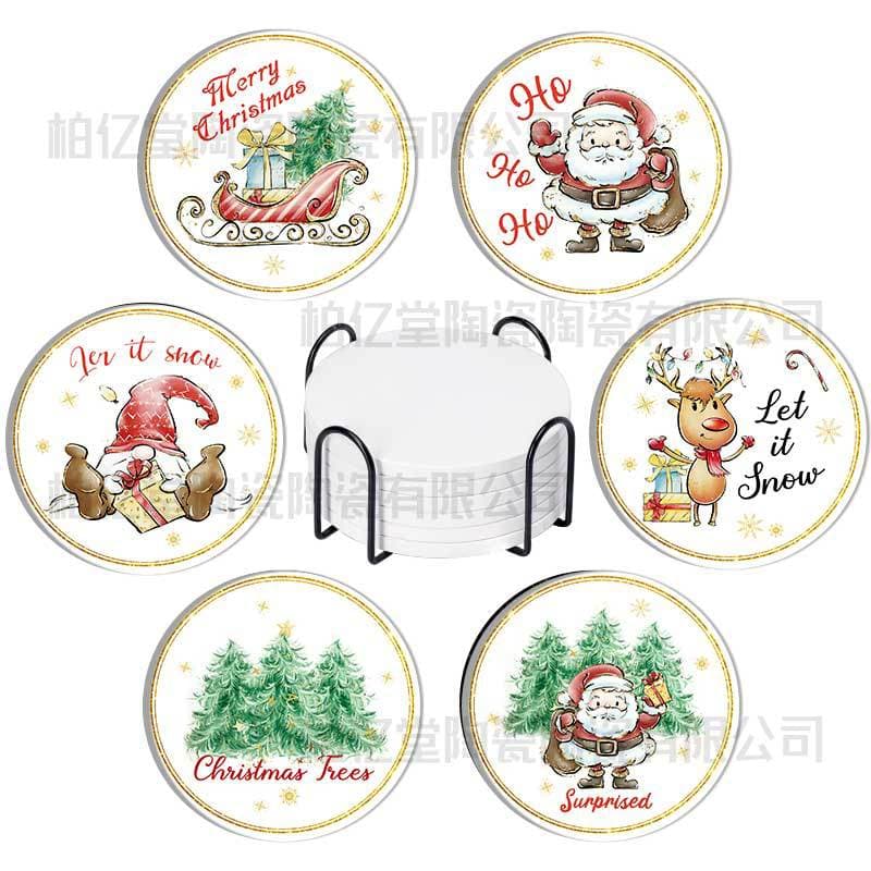 Cross-border Christmas Reindeer Snowman Round Ceramic Absorbent Coaster with Holder Festive Decoration Desktop Heat Insulation Pad Dropshipping