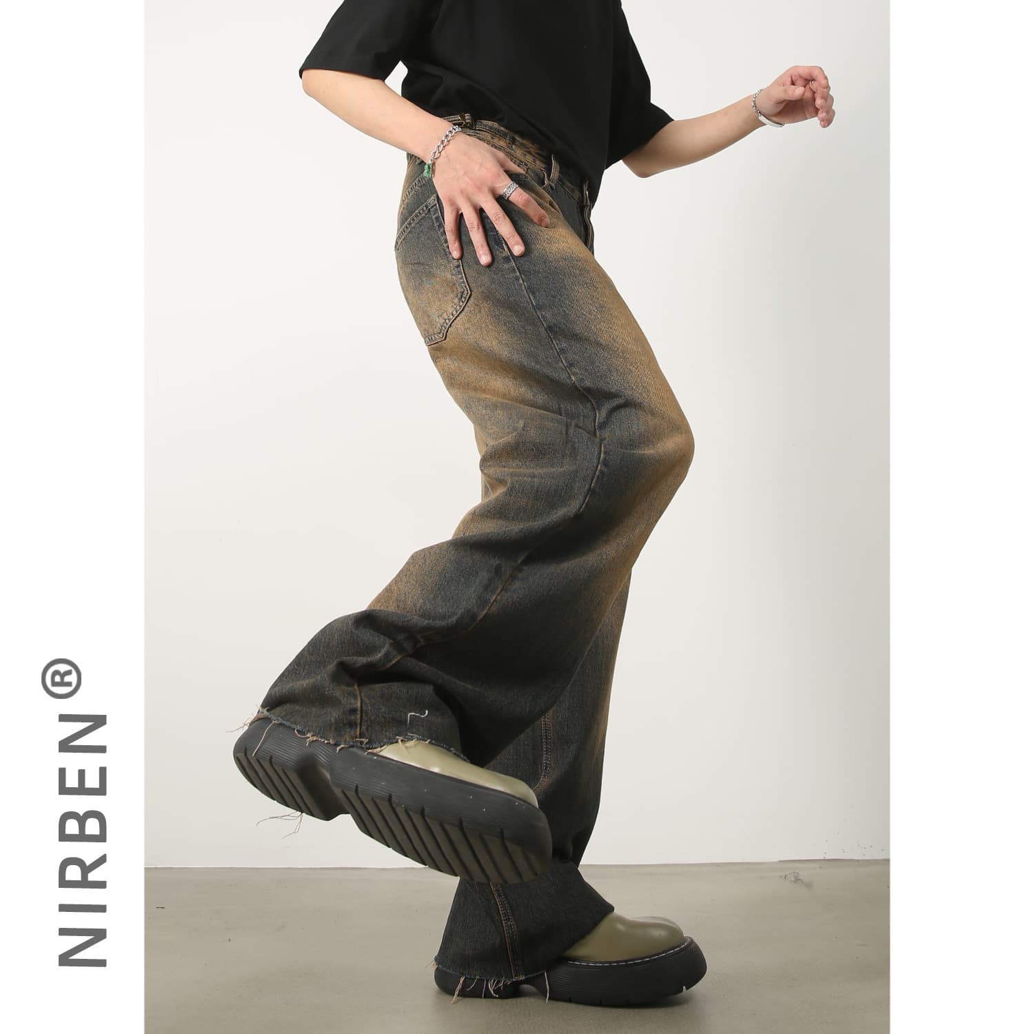 nirben Denim | New Nostalgic Rust Soil Color Waist Adjustable Jeans Men's Korean-Style Loose Wide Leg Straight