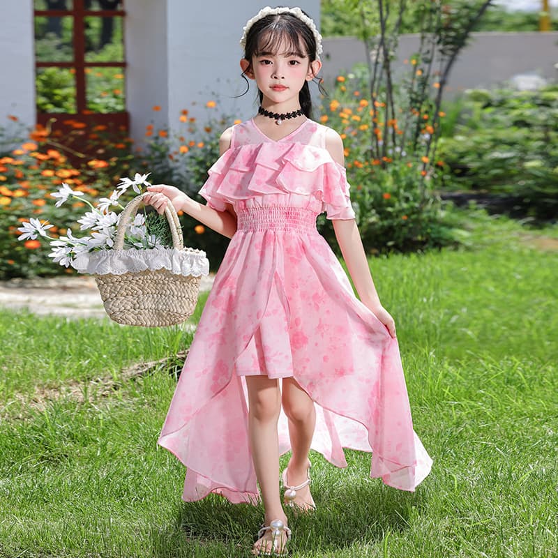 Girls' Dress 2026 New Summer Chiffon Floral Fashion Thin Mid-Large Kids Long Skirt Princess Style Summer