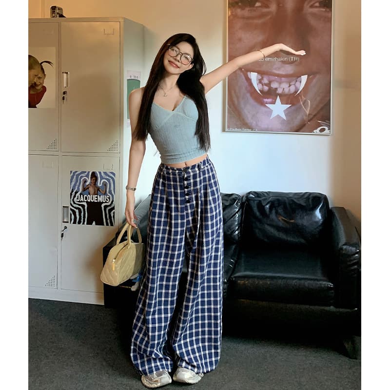 Navy Blue Draped Lazy Style Plaid Wide-Leg Pants Women Summer Loose Thin Casual Pants