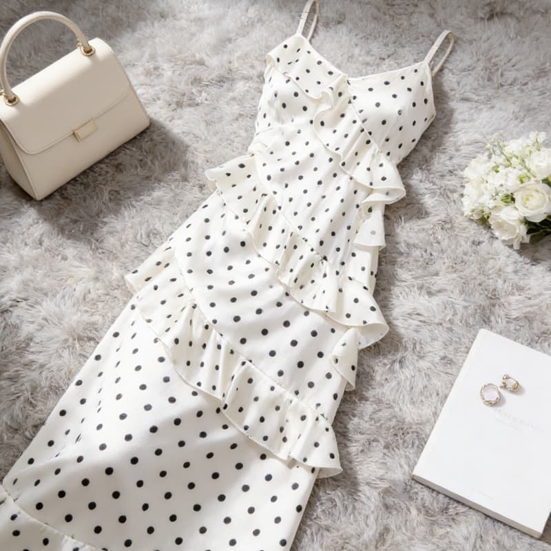 2026 Spring/Summer New Waist-Tightening Slimming Pure Desire Ruffle Hem Long Dress French Polka Dot Strappy Dress for Women