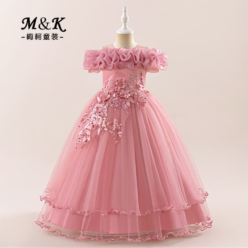 2026 New Long Dress for Girls Tulle Applique Kids Piano Performance Dress Lace Kids Dress