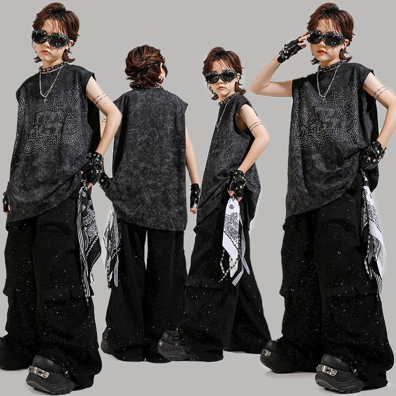 Hip Hop Kids Performance Costume Sleeveless Rhinestone Vest and Pants Set for Boys and Girls