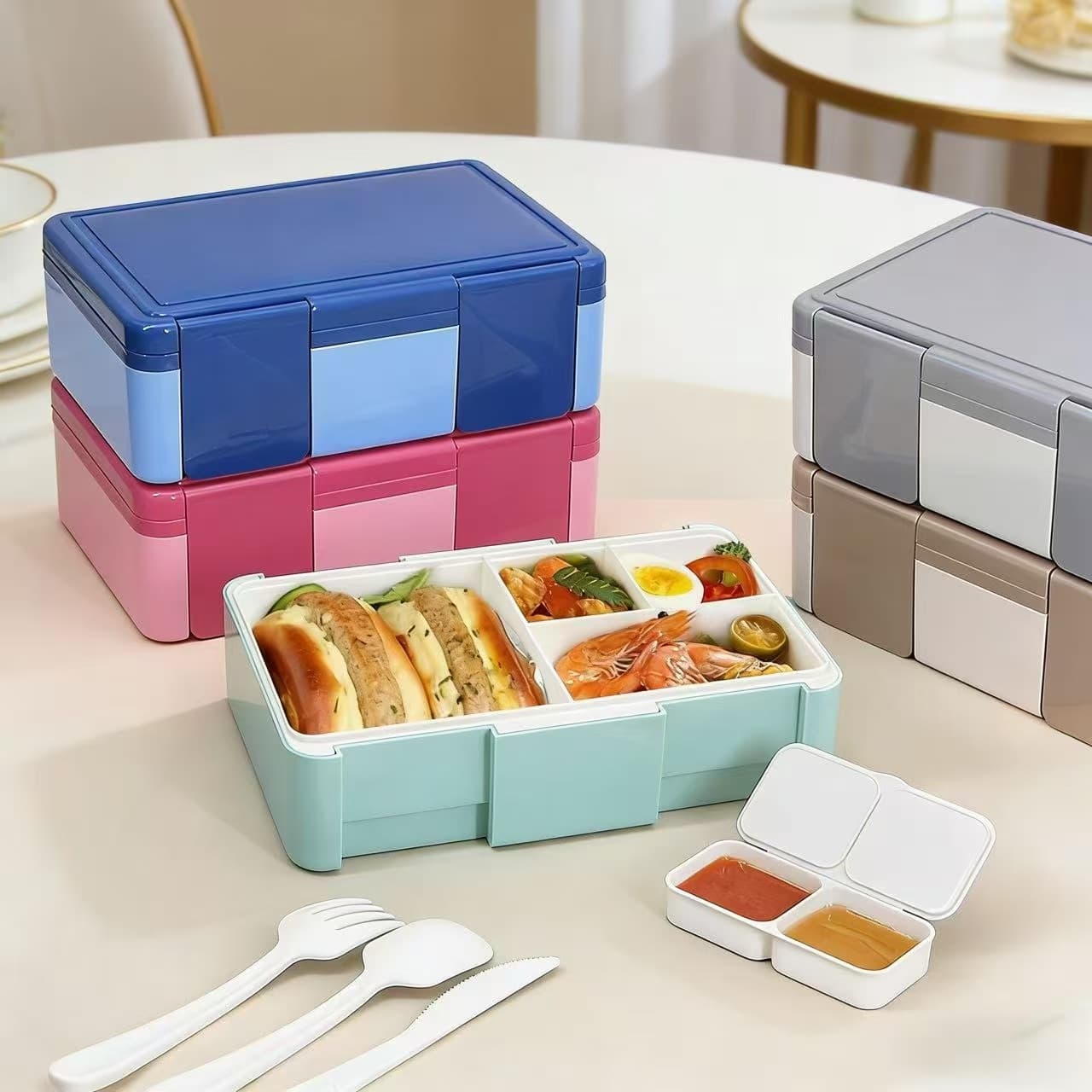 Cross-border wholesale large capacity double buckle bento lunch box, microwave safe single layer student lunch box, four compartment sealed fresh keeping box
